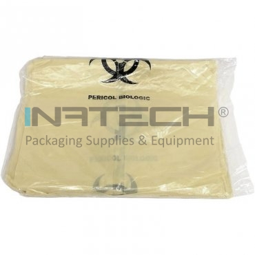 Saci Inscriptionati PERICOL BIOLOGIC Deschidere (mm) 550, Inaltime 1100 mm, Pliu 2 x 150 mm, Grosime 0.07 mm, Цвят Жълт, Saci/Rola 500