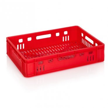 Lada Transort Pentru Carne 600 x 400 x 140 mm, Baza/Pereti Ventilati, Material PP Virgin, Rosie
