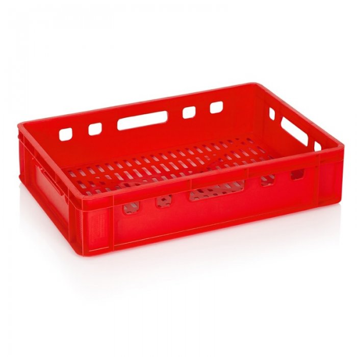 Lada Transport Pentru Carne 600 x 400 x 140 mm, Baza Ventilata, Pereti Solizi, Material PP Virgin, Rosie