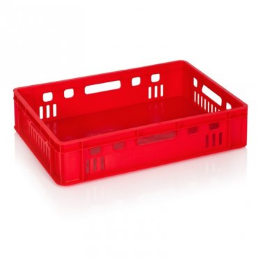 Lada Transport Pentru Carne 600 x 400 x 140 mm, Baza Solida, Pereti Ventilati, Material PP Virgin, Rosie