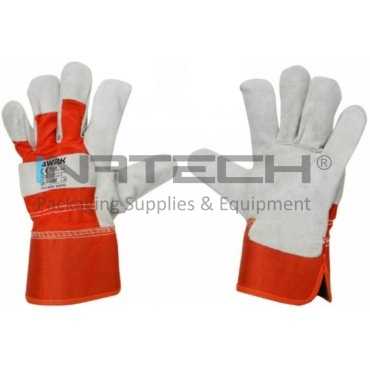 Manusi de lucru FUJI Marime 10/XL, Композиции piele despicata-tesatura denim, Greutate 90GR/Manusa gr, Цвят piele alba-tesatura galben