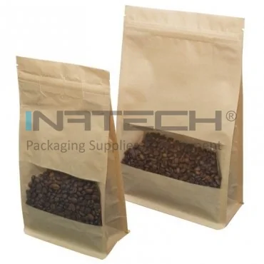 Крафт торбички с прозорец и цип за затваряне ширина 150 мм, височина 255 мм, обем 1500 мл, долен гуз 2 х 40 мм, страничен гуз 2 х 40 мм, брой / пакет 500